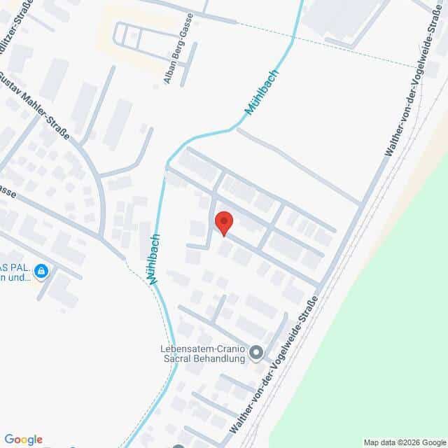 Lehrlingsportal.at Eine Karte zeigt eine Stecknadel, die auf einen Standort in der Nähe des Mühlbachs und der Walter-von-der-Vogelweide-Straße in einem Wohngebiet mit angrenzenden Straßen und Gebäuden gesetzt wurde.