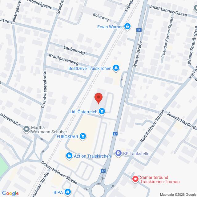 Lehrlingsportal.at Karte mit der Lage von Lidl Österreich in Traiskirchen, Österreich, mit Markierung der umliegenden Geschäfte und Straßen. Eine rote Standortmarkierung zeigt die Position von Lidl an.