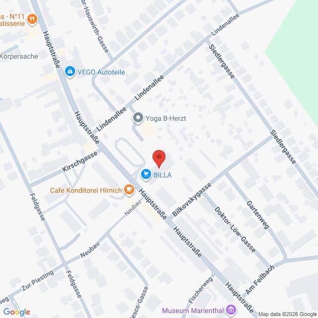 Lehrlingsportal.at Eine Karte, die den Standort von BILLA in der Hauptstraße in einem Viertel zeigt, in dem mehrere sich kreuzende Straßen und nahe gelegene Geschäfte eingezeichnet sind.