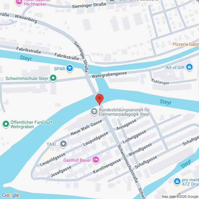 Lehrlingsportal.at Eine Karte, die den Fluss Steyr zeigt, der Straßen und Brücken in Steyr, Österreich, kreuzt, mit mehreren lokalen Unternehmen und Sehenswürdigkeiten in der Nähe markiert.