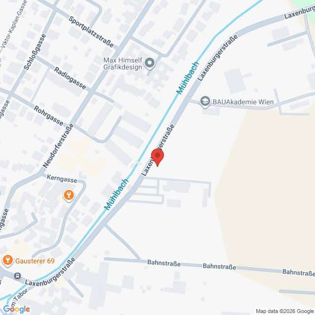 Lehrlingsportal.at Eine Karte, die das Gebiet um die Laxenburger Straße und den Mühlbach in Wien zeigt, mit einer roten Standortmarkierung auf der Laxenburger Straße.