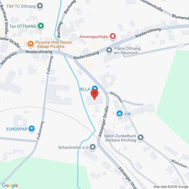 Lehrlingsportal.at Karte mit der Lage des BILLA-Supermarkts in der Attnanger Straße in Ottnang, Österreich, mit Markierung der umliegenden Geschäfte und Straßen.