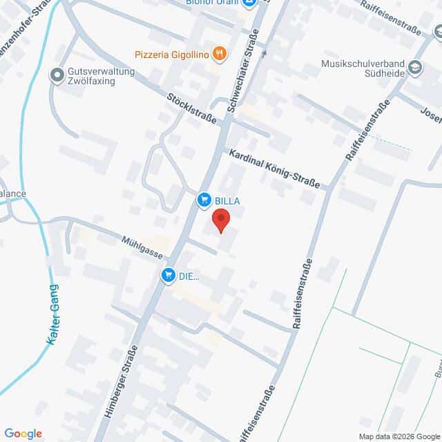 Lehrlingsportal.at Die Karte zeigt die Kreuzung der Stöcklstraße, der Kardinal König-Straße und der Mühlgasse in einer Stadt, wobei die Wahrzeichen BILLA und DIE in der Nähe markiert sind.