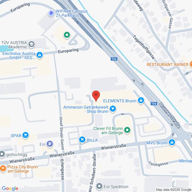 Lehrlingsportal.at Die Kartenansicht zeigt einen markierten Standort in der Nähe des Europaprings, der Wienerstraße und der Brunoer Straße in Brunn am Gebirge, Österreich, mit Beschriftung der umliegenden Geschäfte und Unternehmen.