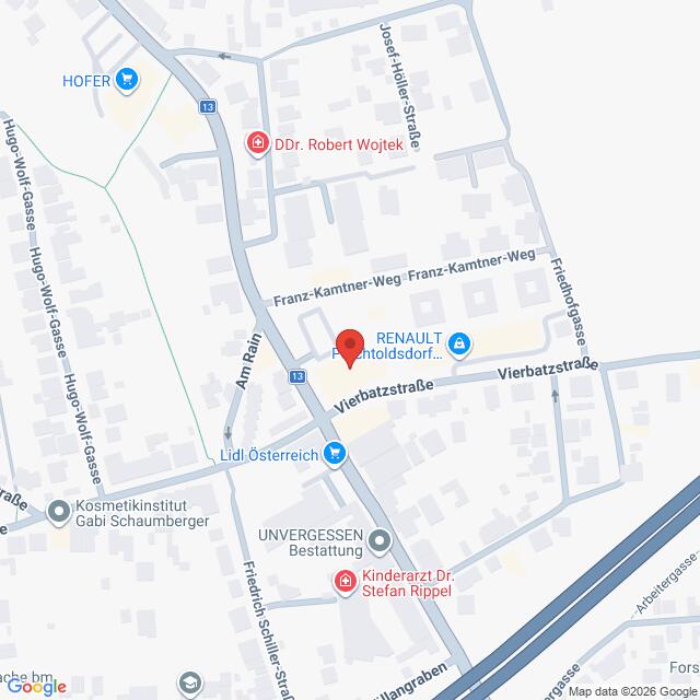 Lehrlingsportal.at Eine Karte, die den Standort von Renata Rott - Antolsdorf entlang der Vierbatstraße, nahe der Kreuzung mit der Straße Am Rhein, in einem Wohngebiet mit eingezeichneten lokalen Geschäften zeigt.