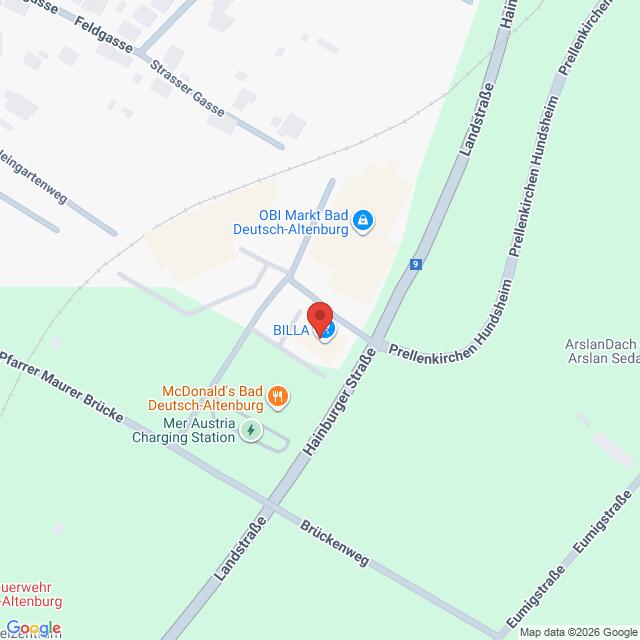 Lehrlingsportal.at Eine Karte, die die Lage von BILLA, OBI Markt und McDonald's in Deutsch-Altenburg zeigt, mit Markierung der nahe gelegenen Straßen und Sehenswürdigkeiten.