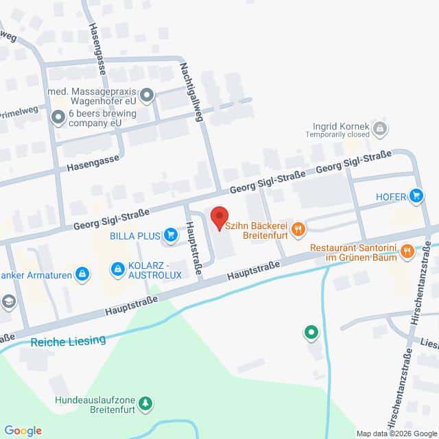 Lehrlingsportal.at Ein Straßenplan, der die Georg-Sigl-Straße und die Hauptstraße in Breitenfurt, Österreich, zeigt und auf dem verschiedene Geschäfte und Sehenswürdigkeiten eingezeichnet sind.