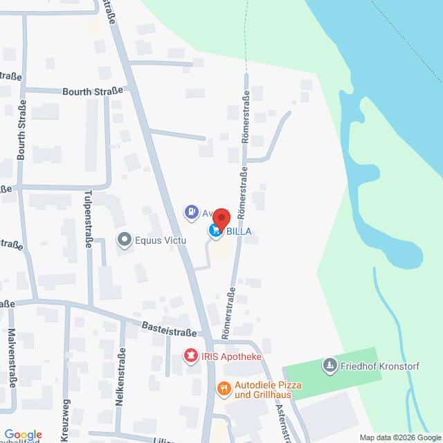 Lehrlingsportal.at Screenshot einer Karte, die einen Abschnitt der Römerstraße in Österreich zeigt, mit Markierungen für BILLA, IRIS Apotheke und Autodiele Pizza und Grillhaus, in der Nähe des Flusses.