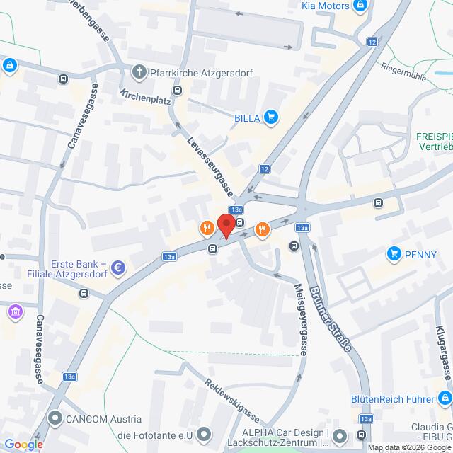 Lehrlingsportal.at Eine digitale Karte zeigt einen Abschnitt von Atzgersdorf in Wien, Österreich, mit Straßen, Geschäften und Restaurants in der Nähe der Kreuzung Liesingergasse und Blumentalgasse.