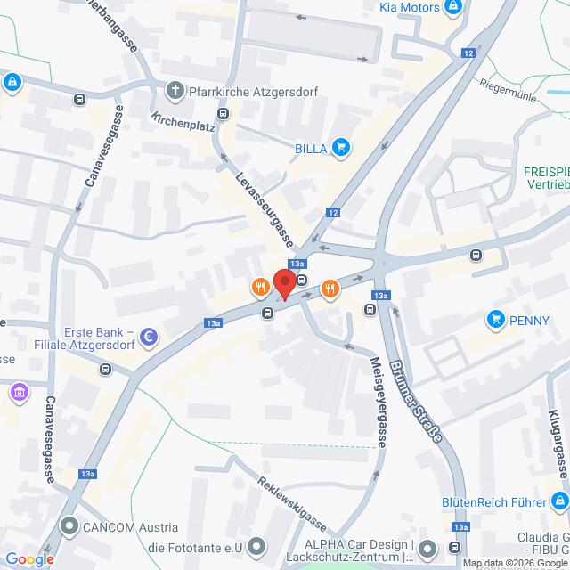 Lehrlingsportal.at Eine Karte der Umgebung von Atzgersdorf in Wien, Österreich, mit Straßen, Geschäften und Wahrzeichen wie BILLA und PENNY.