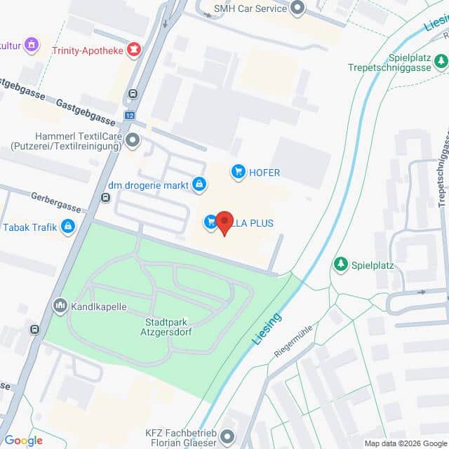 Lehrlingsportal.at Eine Karte zeigt den Standort von Bella Plus, markiert mit einer roten Stecknadel, in der Nähe des Stadtparks Atzgersdorf und mehrerer Geschäfte im Stadtgebiet.