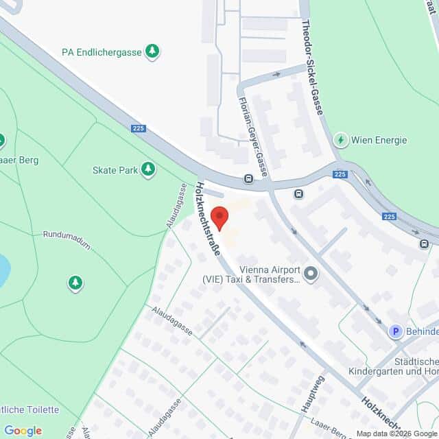 Lehrlingsportal.at Karte der Holzknechtstraße in Wien, Österreich, mit nahegelegenen Orten wie Skatepark, Vienna Airport Taxi und Städtischer Kindergarten und Hort.