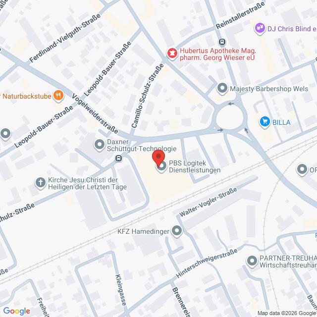 Lehrlingsportal.at Eine Karte, die die Lage von PBS Logistik Dienstleistungen in Wels, Österreich, mit nahegelegenen Straßen, Geschäften und Sehenswürdigkeiten anzeigt.