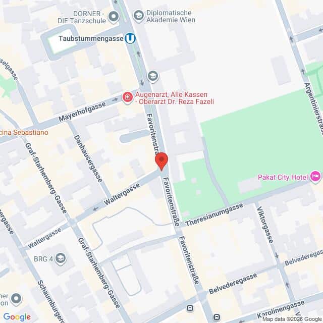 Lehrlingsportal.at Eine Karte, die die Kreuzung der Favoritenstraße mit der Waltergasse in Wien, Österreich, zeigt, mit verschiedenen Straßen und Sehenswürdigkeiten in der Nähe.