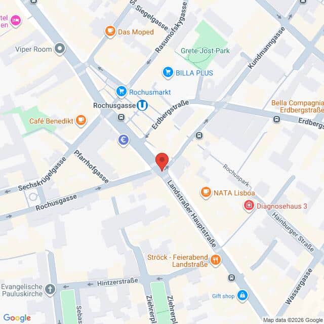 Lehrlingsportal.at Karte der Kreuzung Langauer Hauptstraße, Rochusgasse und Erdbergstraße in Wien, mit Beschriftung der umliegenden Geschäfte und Sehenswürdigkeiten.