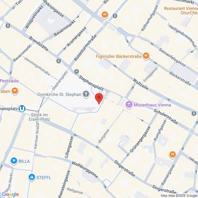 Lehrlingsportal.at Eine Karte, die die Gegend um den Stephansplatz im Zentrum von Wien, Österreich, zeigt, mit Beschriftung der nahe gelegenen Straßen und Sehenswürdigkeiten.