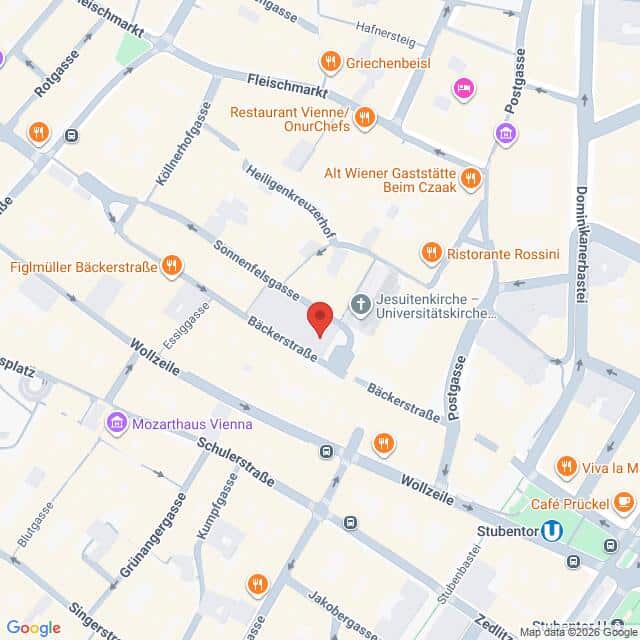 Lehrlingsportal.at Eine Karte, die die Gegend um die Bäckerstraße in Wien, Österreich, zeigt, mit nahegelegenen Restaurants, Wahrzeichen und Straßen.