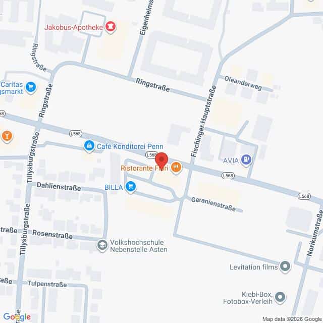 Lehrlingsportal.at Karte mit der Lage von Ristorante Pizzeria Firenze in Asten, Österreich, mit Beschriftung der umliegenden Straßen, Geschäfte und Sehenswürdigkeiten.