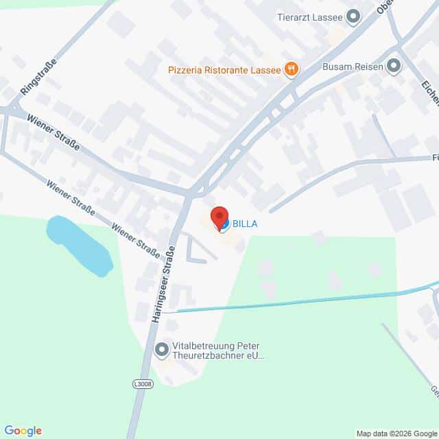 Lehrlingsportal.at Karte mit der Lage des BILLA Supermarktes an der Kreuzung Wiener Straße und Haringseer Straße in Lassee, Österreich. Nahegelegene Straßen und Wahrzeichen sind ebenfalls eingezeichnet.