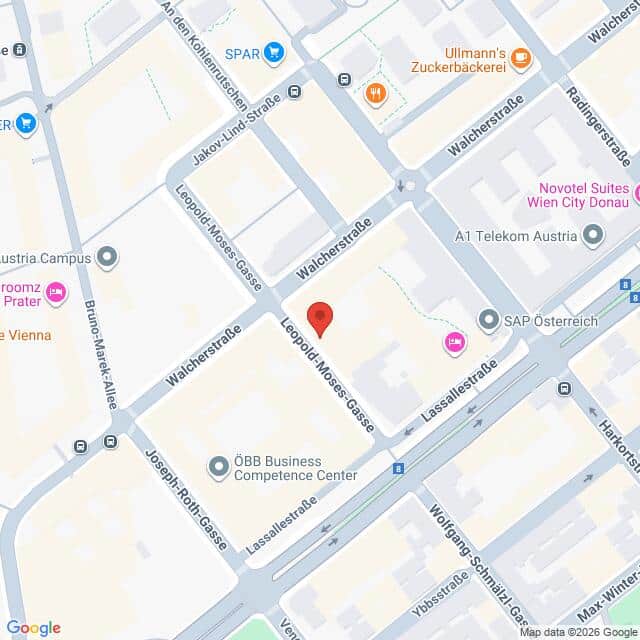 Lehrlingsportal.at Karte der Kreuzung Leopold-Moses-Gasse und Lassallestraße in Wien, Österreich, mit Beschriftung der umliegenden Geschäfte und Straßen.