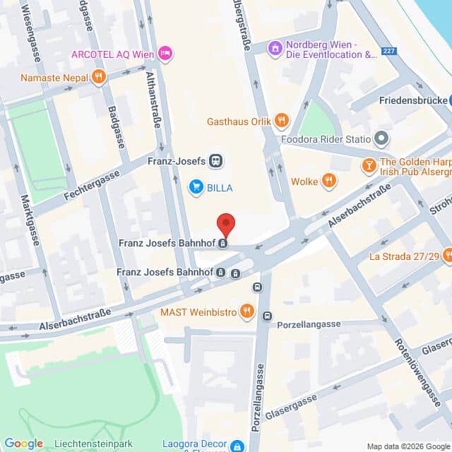 Lehrlingsportal.at Karte der Gegend um den Franz Josefs Bahnhof in Wien, Österreich, mit Beschriftung der umliegenden Straßen, Geschäfte und Sehenswürdigkeiten.