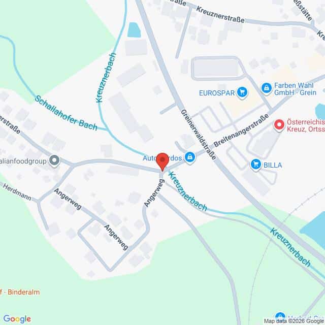 Lehrlingsportal.at Eine Kartenansicht zeigt die Kreuzung der Straßen Angerweg und Kreuznerbach in Grein, Österreich, mit nahegelegenen Unternehmen und einer roten Standortmarkierung.
