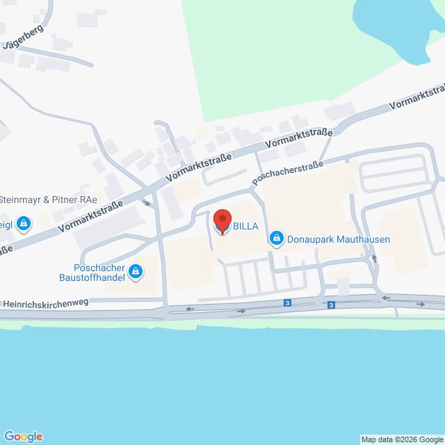 Lehrlingsportal.at Eine Karte, die den Standort eines BILLA-Supermarkts in der Nähe der Donau in Mauthausen, Österreich, zeigt, wobei die umliegenden Straßen und Sehenswürdigkeiten eingezeichnet sind.