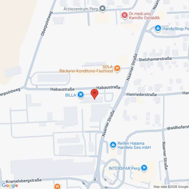 Lehrlingsportal.at Die Karte zeigt ein Gebiet in Perg, Österreich, mit beschrifteten Straßen und markanten Orten wie dem Supermarkt BILLA, der Bäckerei SOLA und dem INTERSPAR Perg.