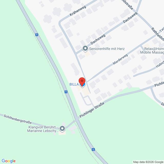Lehrlingsportal.at Die Karte zeigt den Standort von BILLA in der Pichlinger Straße, nahe der Kreuzung mit der Schittenbergstraße, in einem Wohngebiet.