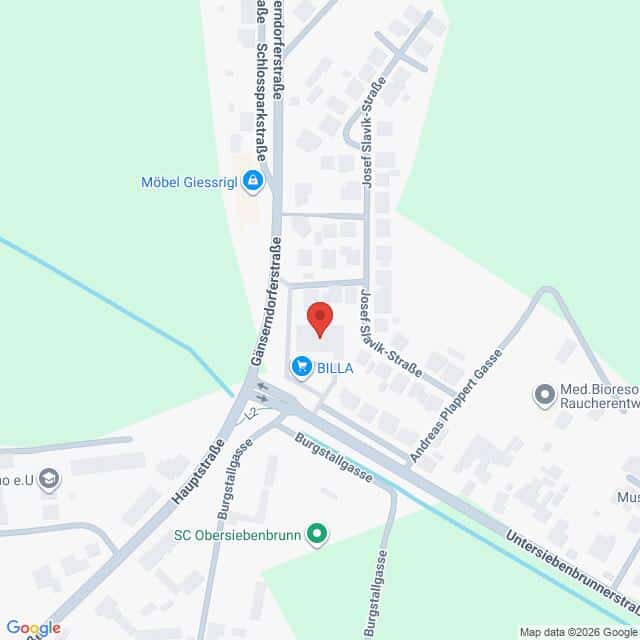Lehrlingsportal.at Eine Karte, die einen Abschnitt von Ober Siebenbrunn, Österreich, zeigt, mit einer roten Markierung in der Nähe des BILLA-Supermarkts und mehreren beschrifteten Straßen in der Nähe.
