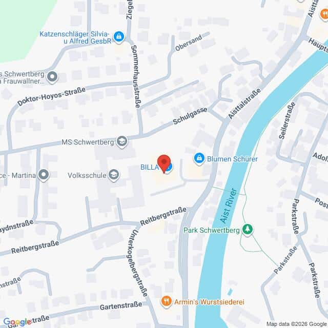 Lehrlingsportal.at Eine Karte, die die Lage von BILLA in der Nähe des Flusses Aist in Schwertberg, Österreich, zeigt, mit Beschriftung der umliegenden Straßen und Sehenswürdigkeiten.