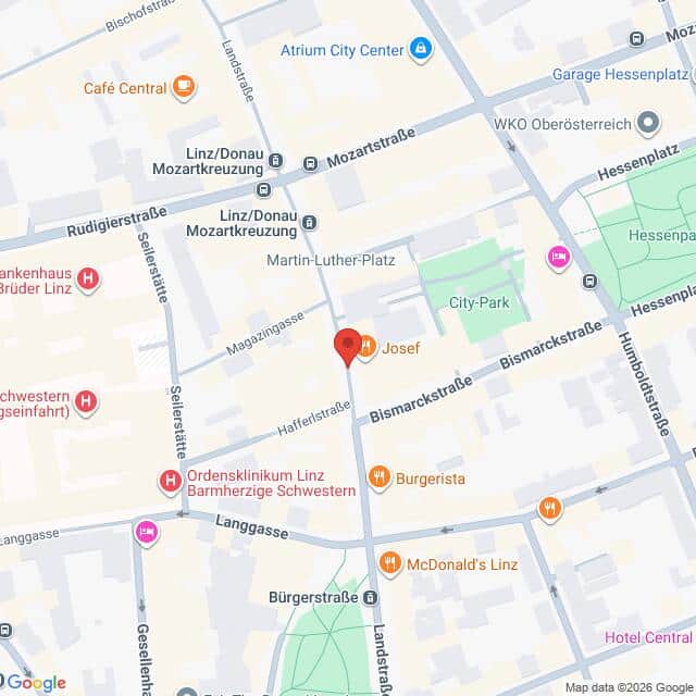 Lehrlingsportal.at Karte eines Ausschnitts von Linz, Österreich, mit Hervorhebung der Bismarckstraße und nahegelegenen Orten wie der St. Josef Kirche, dem City-Park, Restaurants und Kliniken.