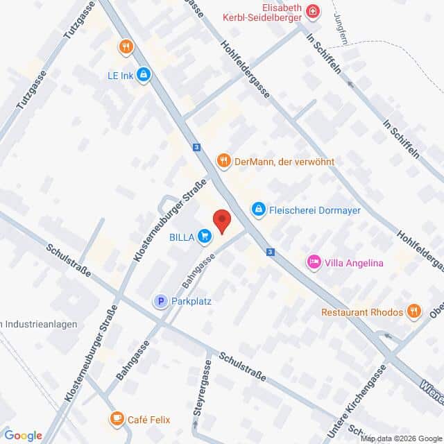 Lehrlingsportal.at Eine Karte, die auf der Klosterneuburger Straße in einer Stadt zentriert ist und nahegelegene Geschäfte wie BILLA, Restaurant Rhodos und Fleischerei Dormayer zeigt.