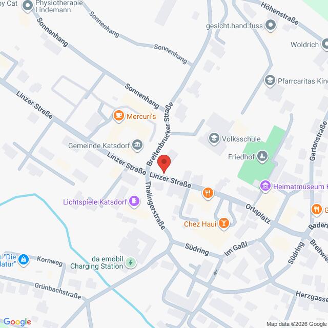 Lehrlingsportal.at Eine digitale Karte, die einen Ausschnitt von Katstdorf, Österreich, zeigt, mit beschrifteten Straßen und verschiedenen Unternehmen, Sehenswürdigkeiten und einer Stecknadel, die einen Standort in der Linzer Straße markiert.