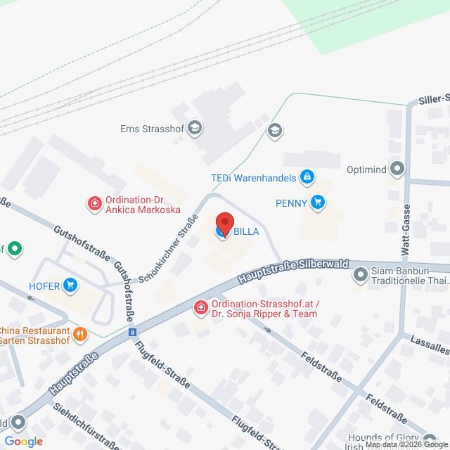 Lehrlingsportal.at Die Karte zeigt den Standort des BILLA-Supermarkts, umgeben von nahe gelegenen Geschäften, Kliniken und Restaurants in einem Vorstadtgebiet mit beschrifteten Straßen.