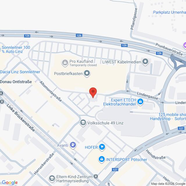 Lehrlingsportal.at Eine Karte, die einen Ausschnitt von Linz, Österreich, mit Straßen, Geschäften und einer roten Standortmarkierung in der Nähe der Donau Ontlstraße und der Alkomoniertenstraße zeigt.