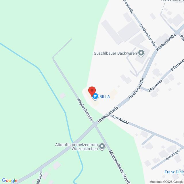 Lehrlingsportal.at Karte mit dem Standort des BILLA-Supermarkts an der Kreuzung Huebserstraße und Wegbachstraße in Waizenkirchen, Österreich, mit Beschriftung der umliegenden Straßen und Sehenswürdigkeiten.
