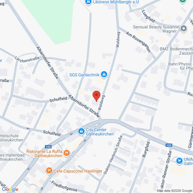 Lehrlingsportal.at Eine digitale Karte zeigt einen mit einer roten Stecknadel markierten zentralen Standort an der Kreuzung Aldorfer Straße und Waldweg in Gallneukirchen, umgeben von verschiedenen Geschäften und Straßen.