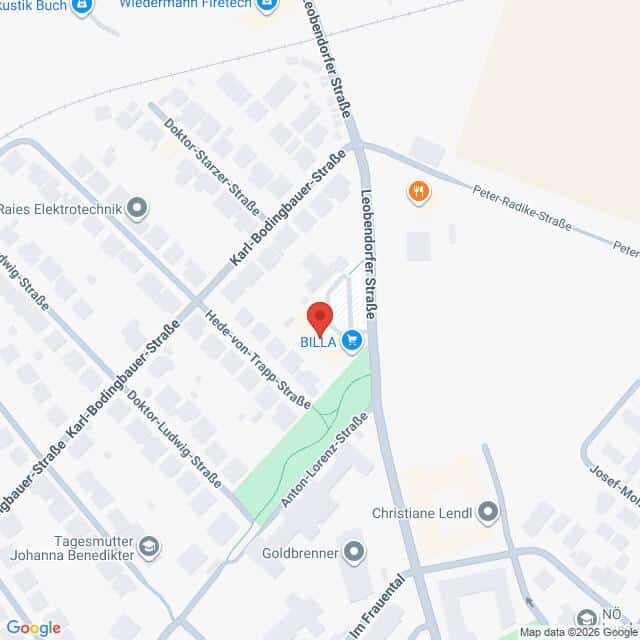 Lehrlingsportal.at Eine Karte, die die Lage von BILLA in der Loebendorfer Straße zeigt, die sich mit mehreren nahe gelegenen Straßen in einem Wohngebiet kreuzt.