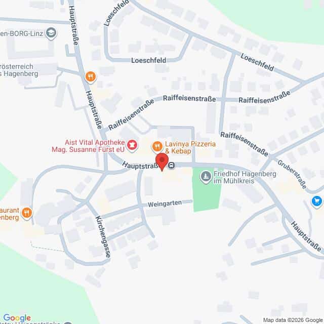 Lehrlingsportal.at Die Karte zeigt einen Ausschnitt von Hagenberg mit beschrifteten Straßen, Restaurants, einer Apotheke und einem Friedhof. Wichtige Orte sind mit Symbolen gekennzeichnet.