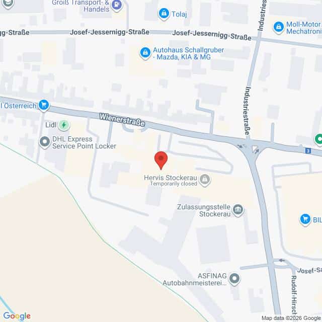 Lehrlingsportal.at Eine Karte zeigt die Lage von Hervis Stockerau, markiert mit einer roten Stecknadel, in Stockerau, Österreich, in der Nähe von Wienerstraße und Industriestraße.