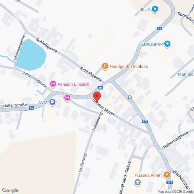 Lehrlingsportal.at Eine digitale Karte, die die Kreuzung der Schlößgasse mit dem Unteren Markt zeigt, mit mehreren beschrifteten Sehenswürdigkeiten und Geschäften in der Umgebung.