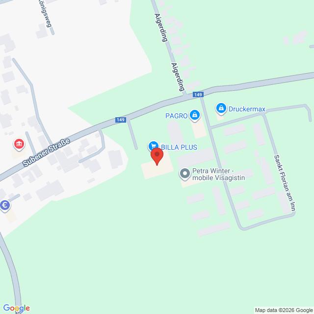 Lehrlingsportal.at Karte mit der Lage von BILLA PLUS und anderen Geschäften in der Nähe von Subener Straße und Algersdorf in Sankt Florian am Inn, Österreich.
