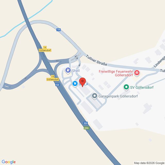 Lehrlingsportal.at Karte der Kreuzung der Autobahnen S3, E59 und 14 bei Göllersdorf, Österreich, mit Markierungen für eine Shell-Tankstelle, einen Parkplatz und die Freiwillige Feuerwehr Göllersdorf.