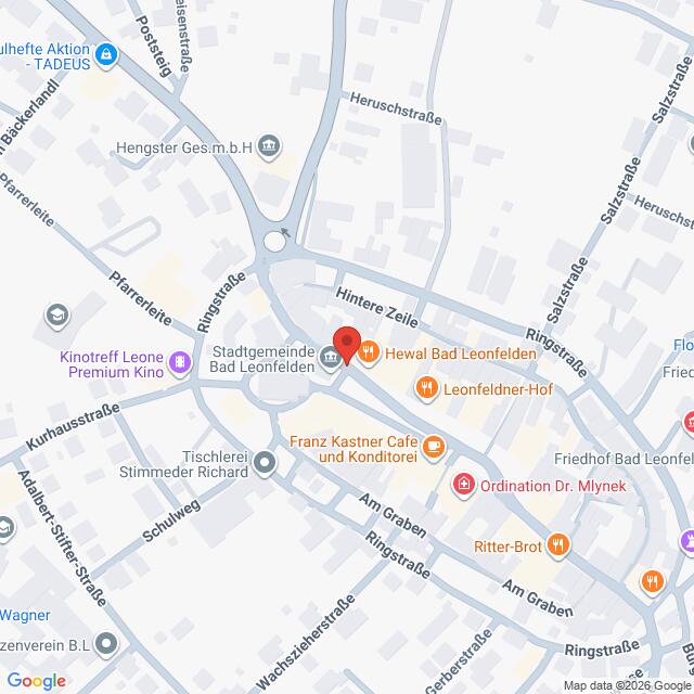 Lehrlingsportal.at Ein Stadtplan mit Straßen und Orten in Bad Leonfelden, Österreich, mit Markierungen für Unternehmen, ein Rathaus und ein Krankenhaus.