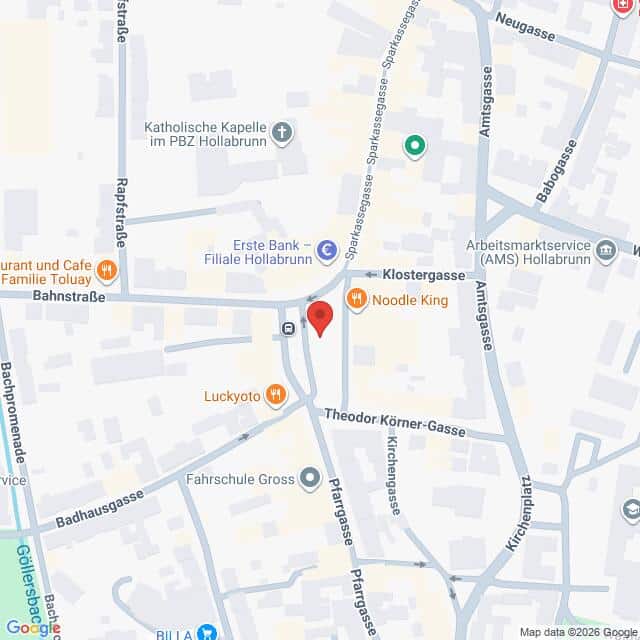 Lehrlingsportal.at Eine Karte mit Straßen und Sehenswürdigkeiten in Hollabrunn, Österreich, mit einer roten Standortmarkierung in der Nähe der Bahnstraße, Klostergasse und Theodor Körner-Gasse.