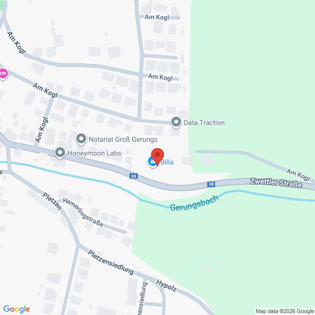 Lehrlingsportal.at Die Karte zeigt die Lage von Billa, Honeymoon Labs und Notariat Groß Gerungs entlang der Zwettler Straße in einem Vorort von Gerungsbach.