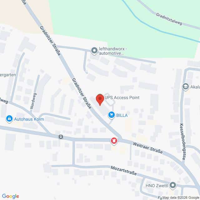 Lehrlingsportal.at Die Karte zeigt den Standort eines UPS Access Point in der Nähe von BILLA in Zwettl, Österreich, an der Kreuzung von Gradnitzer Straße und Weitraer Straße.