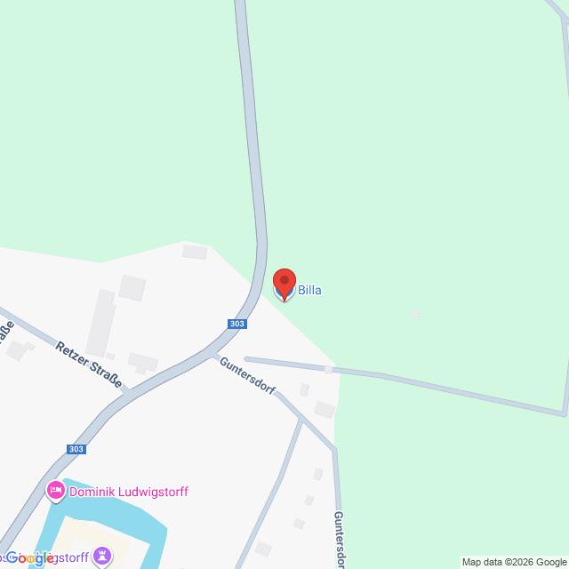 Lehrlingsportal.at Karte mit der Lage von Billa in Guntersdorf, in der Nähe der Kreuzung der Retzer Straße und der Guntersdorfer Straße. Wahrzeichen in der Nähe: Dominik Ludwigstorff.