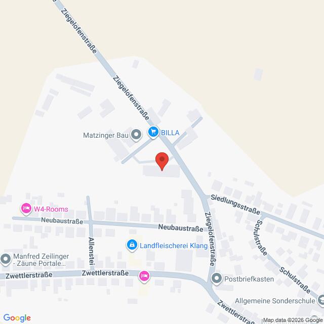 Lehrlingsportal.at Eine Karte, die die Kreuzung Ziegelofengasse und Neubautrasse zeigt, mit nahegelegenen Orten wie BILLA, W4-Rooms und Landfleischerei Klang.